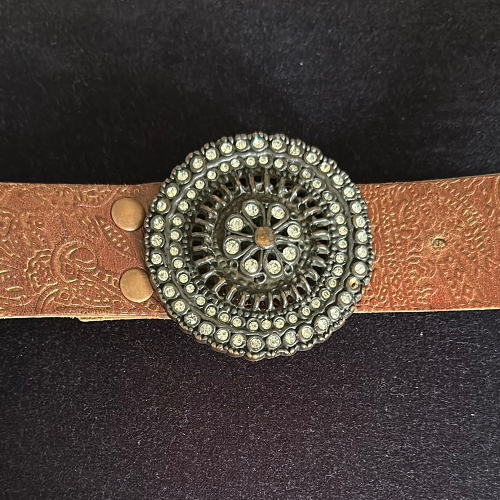 Fossil Brown Leather Belt with Decorative Rhinestone Buckle